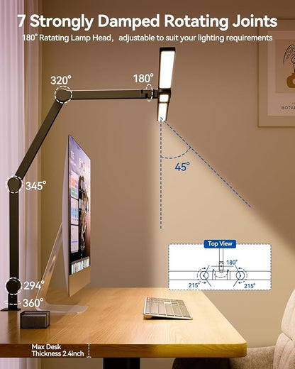 LED Desk Lamp for Home Office, Architect Desk Light with Clamp and 180° Rotatable Swing Arm, 24W Ultra Bright Auto Dimming Computer Light, Stepless Dimming and Tempering Table Light for Video Calls