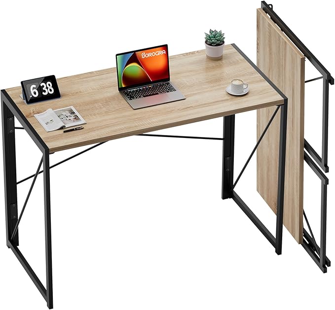 Coavas Folding Desk No Assembly Required, 39.4 inch Small Foldable Desk Writing Computer Table Space Saving Simple Home Office Desk, Beech