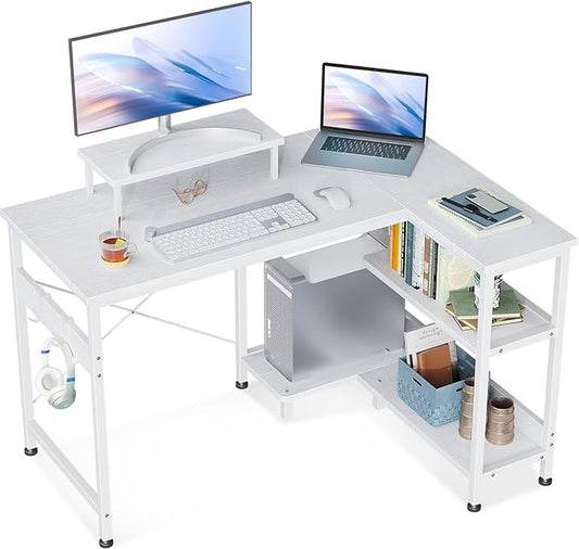 ODK 40 Inch Small L Shaped Computer Desk with Reversible Storage Shelves, L-Shaped Corner Desk with Monitor Stand for Small Space, Modern Simple Writing Table for Home Office Workstation, White