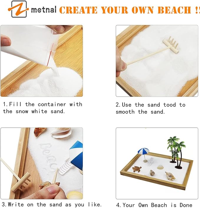 Japanese Zen Garden for Desk, Mini Small Beach Zen Garden Kit for Desk, Meditation Accessories Desktop Sandbox, Relaxing Claiming Gift for Man Women, White Sand with Wooden Tray, Z metnal, Not a Toy