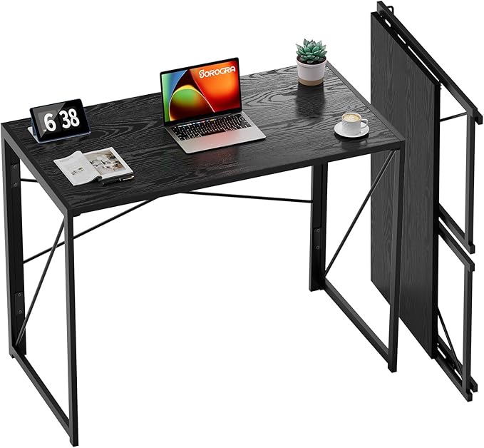 Coavas Small Folding Desk No Assembly Required Foldable Table, 31.5 inch Writing Computer Desk Space Saving Simple Home Office Desk, Black Wood