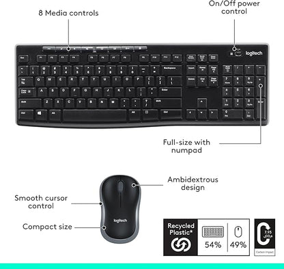 Logitech MK270 Wireless Keyboard And Mouse Combo For Windows, 2.4 GHz Wireless, Compact Mouse, 8 Multimedia And Shortcut Keys, For PC, Laptop - Black