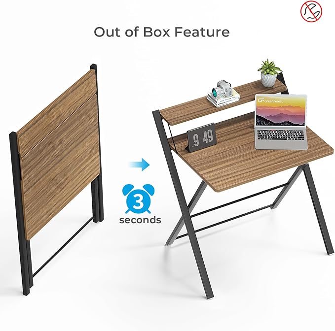 GreenForest Folding Desk No Assembly Required Large Size, 2-Tier Foldable Computer Desk with Shelf for Home Office, Space Saving Portable Laptop Study Foldable Table for Bedroom, Walnut