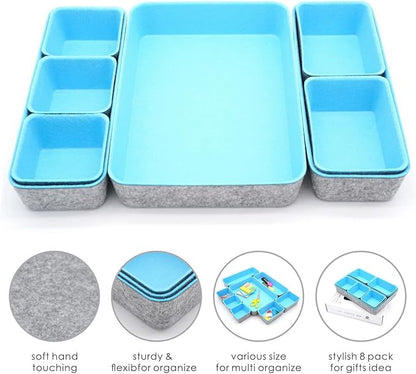 Welaxy desk drawer organizers tray dividers small felt storage box sturdy soft bin for office suppliers entryway catchall key holder makeup crafts pens decluttering 8-piece gift idea (Baby blue)