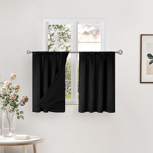 BGment Short Blackout Curtains for Kitchen 30 Inch Long, Bedroom Curtains for Small Window Thermal Insulated Full Room Darkening Soundproof Curtains for Bathroom, 2 Panels, Each Panel 42 Wide, Black