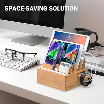 Pezin & Hulin Bamboo Charging Station for Multiple Devices Include 5 Port USB Charger, 5 Cables, Desktop Organizer for Phones, Tablet, Wooden Docking Stations