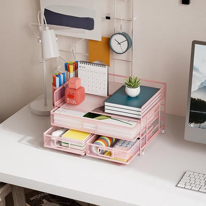 Marbrasse 3 Tier Mesh Desk Organizer with Drawer, Multi-Functional Desk Organizers and Accessories, Paper Letter Organizer with 2 Pen Holder for Home Office Supplies (Pink)