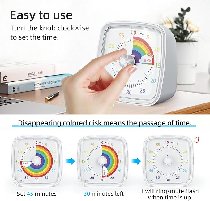 Yunbaoit Visual Timer with Night Light, 60-Minute Countdown Timer for Kids and Adults, Silent Classroom Timer, Pomodoro Timer with Rainbow Pattern for Home, School, Kitchen, or Office (White)