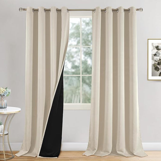 Champagne Blackout Curtains for Bedroom 90 Inch Length 2 Panels Set, Thermal Insulated 100% Light Blocking Soundproof Grommet Window Curtains for Living Room with Black Liner, Each 52 Inch Wide