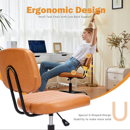 Sweetcrispy Small Office Desk Chair with Wheels Armless Comfy Computer Chair with Lumbar Support, PU Leather Low Back Adjustable Height 360° Rolling Swivel Task Chair Without Arm for Home, Bedroom