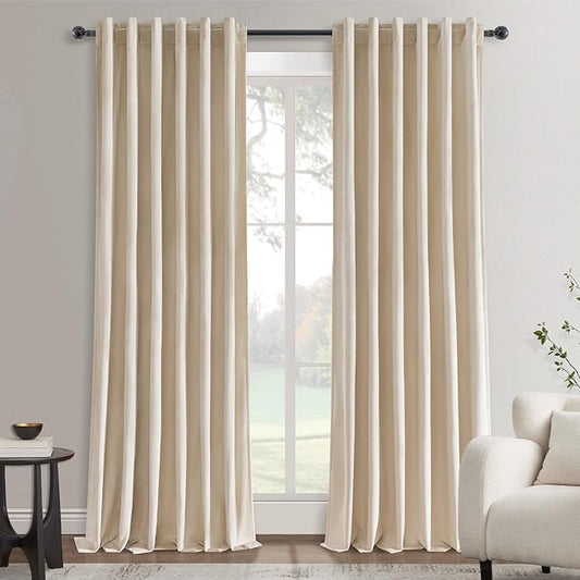 Topfinel 102 Inch Long Curtains for Bedroom Living Room,Blackout Room Darkening Thermal Thick Luxury Velvet Drapes for Sliding Glass Patio Doors,Set 2 Panels,102 in Length,Beige