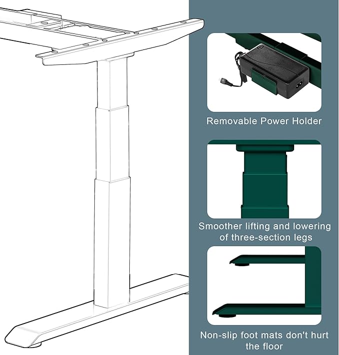 Fromann Dual Motor Electric Standing Desk Frame 3 Tier Legs Height Adjustable Handset with USB A+ C Ports Sit Stand up Desk Base for Home and Office (Green)