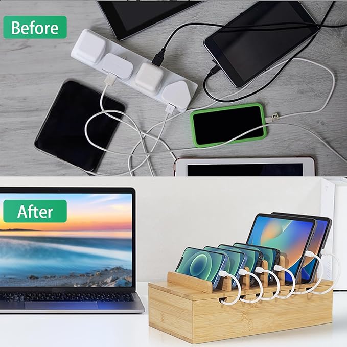 Bamboo Charging Station for Multiple Devices (Includes 5 Port USB Charger, 6 x Charge Cables), Upgrade Desk Docking Stations Organizer for iPhone Devices, Tablets, Laptop Holder Stand