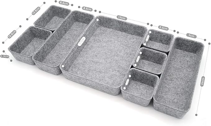 Welaxy Office Drawer Organizers Trays Drawers dividers Felt Storage Bins Organizer bin for Jewelry Cosmetic Makeup Junk Silverware pens Art Crafts Tools Sturdy Flexible Bins,Pack 8 (Gray)