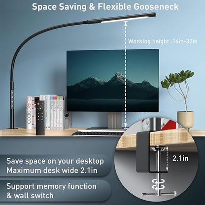 Swing Arm Desk Light with Remote Control, Eye-Caring Gooseneck Desk Lamp, Adjustable Brightness & Color Temperatures, Modern LED Clamp Light with Memory & Timer Function, 12W, Matteblack