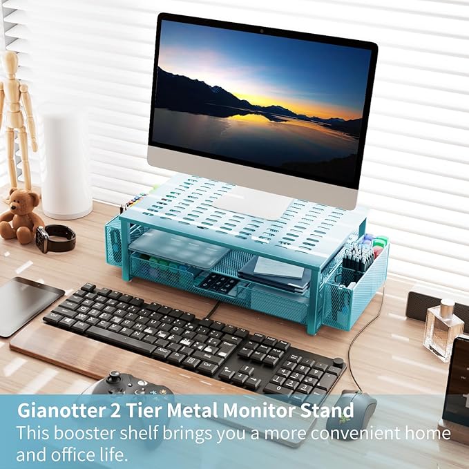 gianotter Monitor Stand with Drawer and Pen Holder, Blue Desk Accessories, 2-Tier Monitor Riser, Ideal for Office Supplies Desk Accessories(Blue)