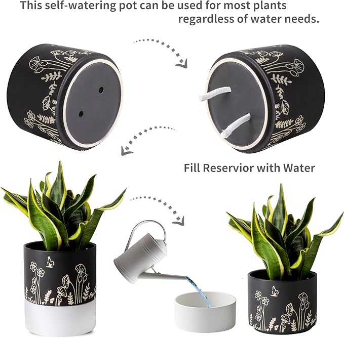 Nihow Self Watering Plant Pot: 6 Inch Ceramic Planter with Drainage Hole & Water Storage Plus for Indoor & Outdoor Plants - Cylinder Round Flower Pot for Succulent/Herbs/Violets -Black