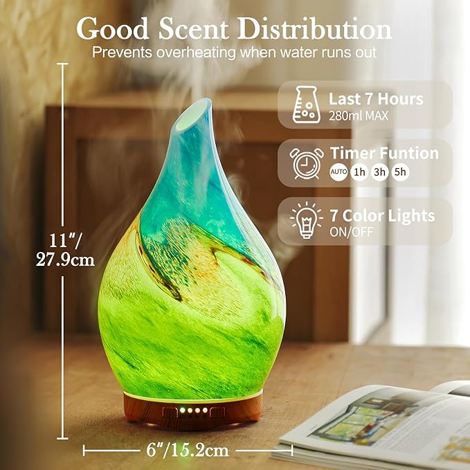 Porseme 280ml Essential Oil Diffuser Glass Color Changing Aroma Air Diffusers Aromatherapy Ultrasonic Cool Mist Humidifier 7 Running Hours Waterless Auto-Off for Sleeping, Yoga, Office (Blue Grass)