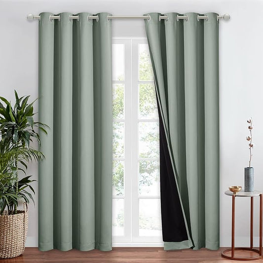 NICETOWN Greyish Green 100% Blackout Window Curtain Panel, Cold and Full Light Blocking Drape with Black Liner for Nursery, 84 inches Drop Thermal Insulated Draperies (1 PC, 52 inches Wide Each Panel)