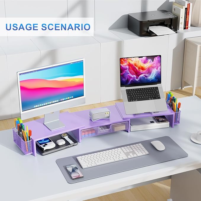 gianotter Dual Monitor Stand Riser, Desk Organizer With Drawer and 2 Pen Holders, Desk Accessories & Workspace Organizers, Monitor Stand for Desk, Office Decor Essentials (Purple)