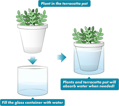 D'vine Dev 4 Inch Design Self Watering Planter for Indoor Plants, White Terracotta Pots with Cylinder Glass Cup, Set of 4, 373-A-4