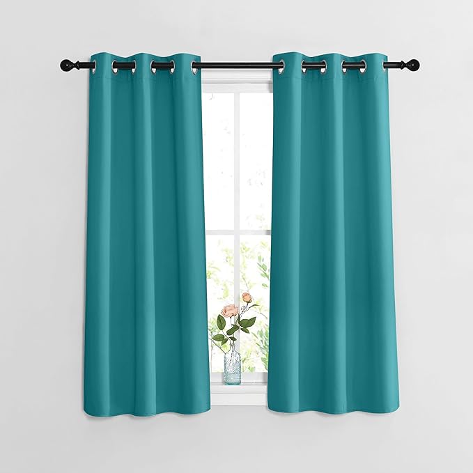 NICETOWN Short Blackout Curtains 54 inches Long for Bedroom - Grommet Thermal Curtains Solid Window Treatments Room Darkening Drapes for Children Room, Peacock Teal, W37 x L54, Set of 2