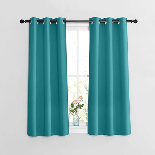 NICETOWN Blackout Kitchen Curtains Over Sink 48 inches Length - Grommet Room Darkening Voice Reducing Solid Thermal Curtains & Drapes for Small Windows, Peacock Teal, W37 x L48, 2 Panels