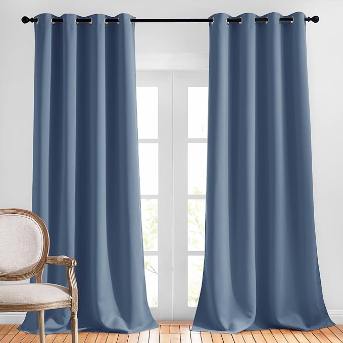 NICETOWN Bedroom Room Darkening Curtains - Triple Weave Grommet Top Thermal Insulated Solid Energy Saving Panels/Drapes for Patio Door/Hall, Stone Blue, 1 Pair, 52 inches by 95 Inch