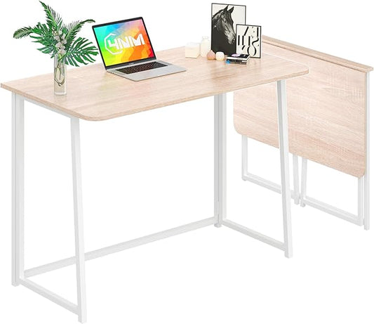 4NM 39.4" Small Folding Desk, Simple Assembly Computer Desk Home Office Desk Study Writing Table for Small Space Offices - Natural and White