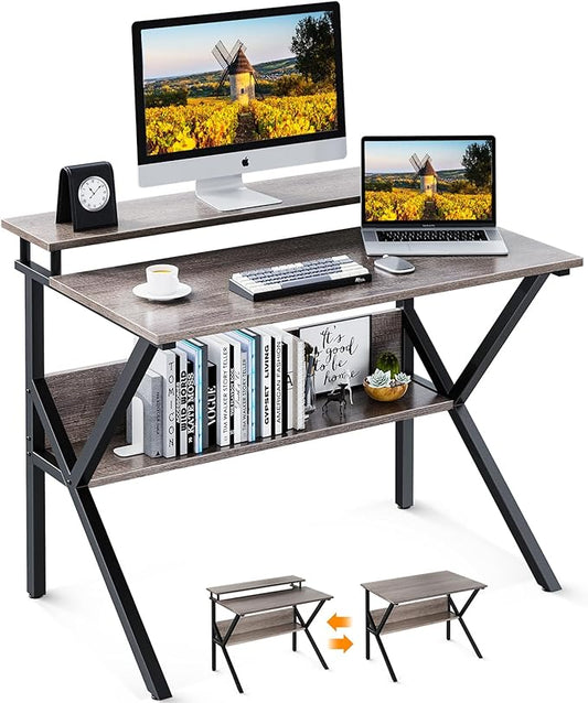 ODK Small Desk, 27.5 Inch Small Computer Desk for Small Spaces, Compact Desk with Storage, Tiny Desk Study Desk with Monitor Stand for Home Office, Grey