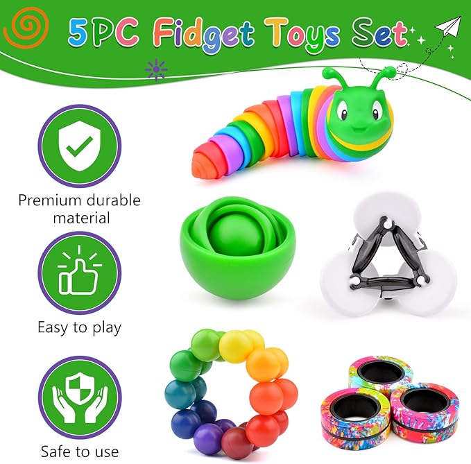 Fidget Toys Adults Pack, Green Sensory Toys Set for Kids, Fidget Spinner Slug Magnetic Rings, Cool Gadget Gift for Girls Boys Teens ADHD Autism Stress Relief Desk Toy Christmas Basket Stuffers