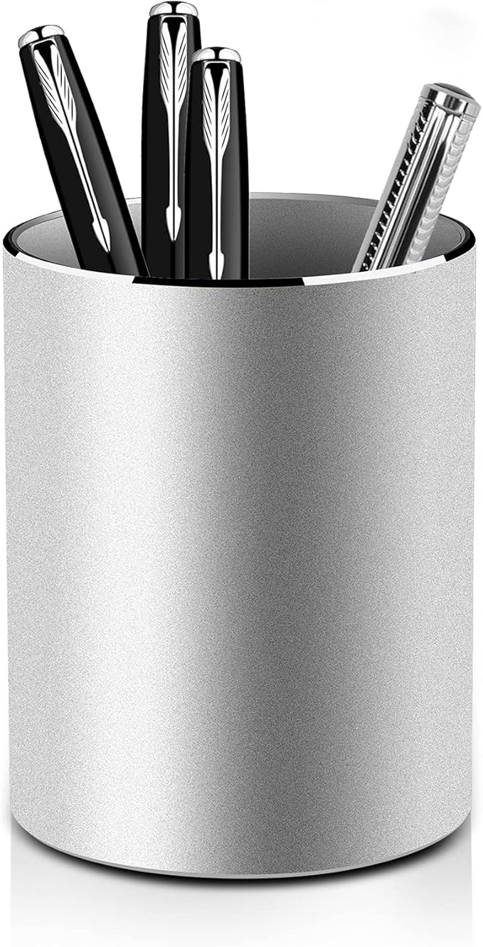 Vaydeer Metal Pen Holder Aluminum Pencil Holder for desk, Round Desktop Organizer and Silver Pencil Cup for Office, School, Home and Stationary Supplies (3.15 x 3.15 x 3.94 Inches)