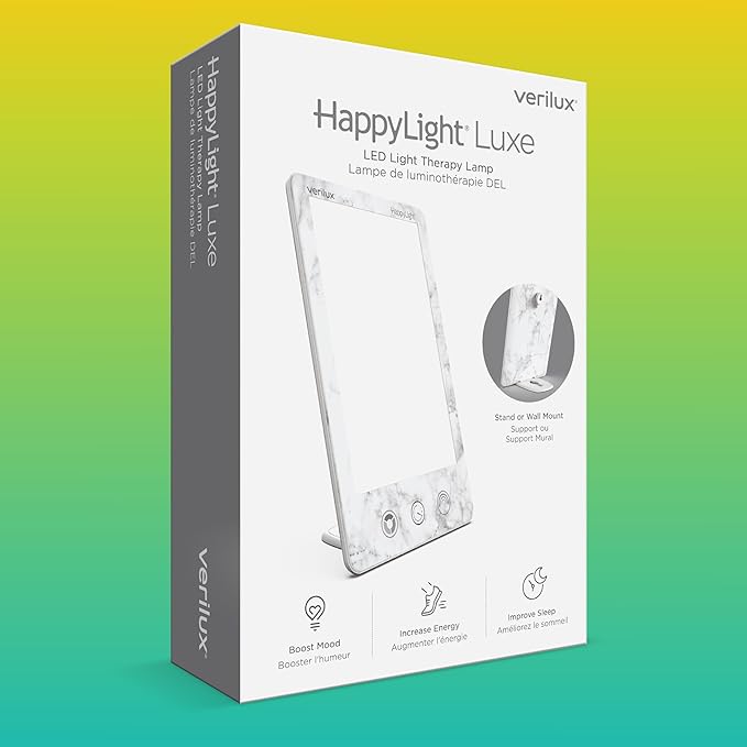 Verilux HappyLight Luxe - Light Therapy Lamp with 10,000 Lux, UV-Free, LED Bright White Light with Adjustable Brightness, Color, Countdown Timer, & Stand - Boost Mood, Sleep, Focus (White Marble)