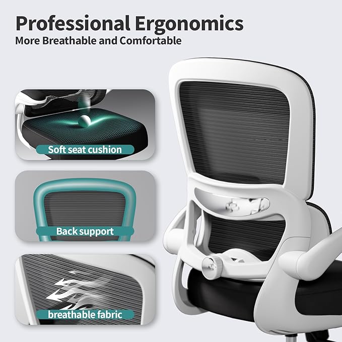 Office Chair - Ergonomic Desk Chair with Adjustable Lumbar Support, Mesh Computer Chair, Executive Chair for Home Office Comfortable Lumbar Support (White+Black)