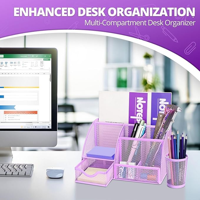 Flexzion Desk Top Caddy Organizer - Purple Office Desk Accessories Organizer and Storage - Metal Mesh Desk with 6 Compartments, Drawer and Pen Holder