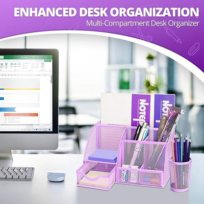 Flexzion Desk Top Caddy Organizer - Purple Office Desk Accessories Organizer and Storage - Metal Mesh Desk with 6 Compartments, Drawer and Pen Holder