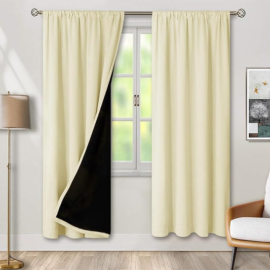 BGment 100% Blackout Curtains for Bedroom with Black Liner, Double Layer Thermal Insulated Full Room Darkening Noise Canceling Rod Pocket Bedroom Curtain (42 x 84 Inch, Cream, 2 Panels)