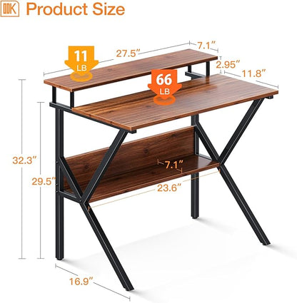 ODK Small Desk, 27.5 Inch Small Computer Desk for Small Spaces, Compact Desk with Storage, Tiny Desk Study Desk with Monitor Stand for Home Office, Espresso