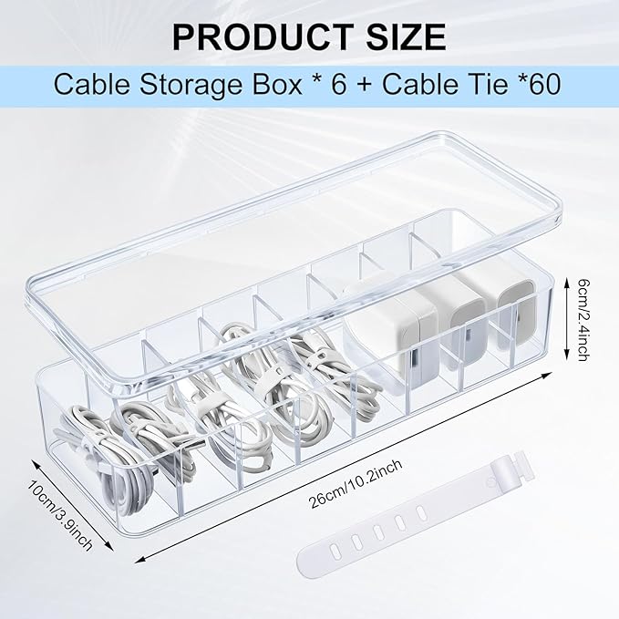 Tatuo 6 Pcs Cable Organizer with 60 Wire Ties, Clear Plastic Cord Storage Box with Lid, Electronics Charger Organizer for Home Office Desk Organizers and Accessories