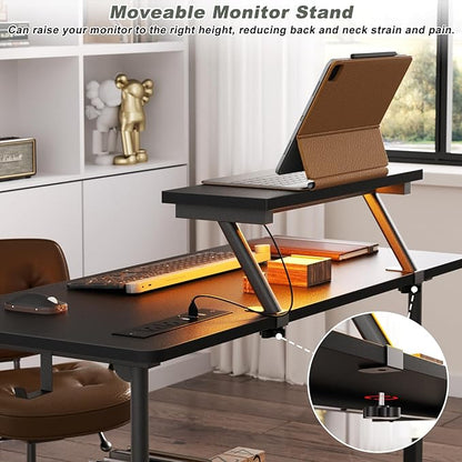 Height Adjustable Standing Desk with Power Outlets and LED Lights - 32" Manual Stand Up Desk with Monitor Stand and Storage Shelves Small Mobile Rolling Computer Desk Portable Laptop Table, Black