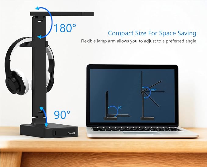 Drevet LED Desk Lamp with Headphone Stand, Desk Light with 1 USB Charging Port and 2 AC Power Outlet, 3 Lighting Modes, 3 Level Brightness,1H Timer, Memory Function, Eye-Caring Gaming Desk Lamp