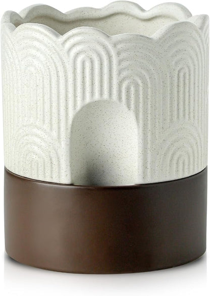 Nihow Self Watering Plant Pot: 6 Inch Ceramic Planter with Drainage Hole & Water Storage Plus - Relief Design Self Watering Pot for Indoor Plants - Beige & Brown Flower Pot