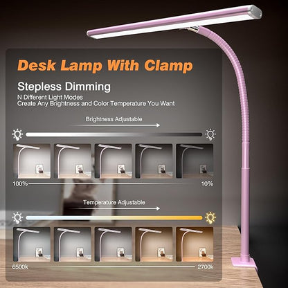 LED Desk Lamp for Office Home, Eye-Caring Desk Light with Stepless Dimming Adjustable Flexible Gooseneck, 10W USB Adapter Desk Lamp with Clamp for Reading, Study, Workbench (Pink)