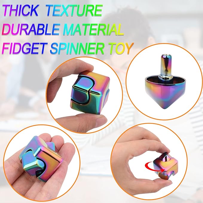 QLKUNLA Fidget Cube Spinner Anti-Anxiety Focusing Fidget Toys EDC Fidgets Spinner 4-in-1 Toy Metallic Focus Toy Cube Finger Top Desktop ADHD Stress Relieve Toys for Kids and Adults (Silver)