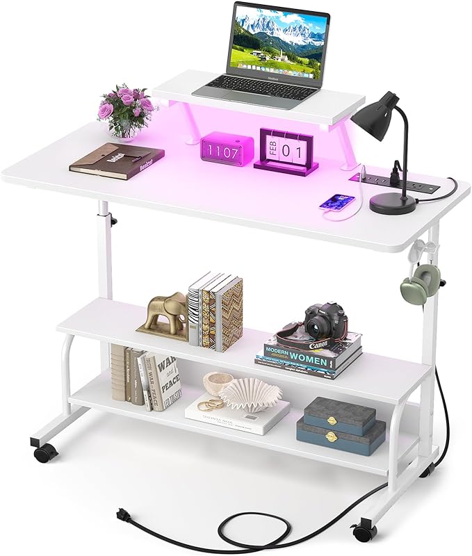 Height Adjustable Standing Desk with Power Outlets and LED Lights - 39" Manual Stand Up Desk with Monitor Stand and Storage Shelves Small Mobile Rolling Computer Desk Portable Laptop Table, White