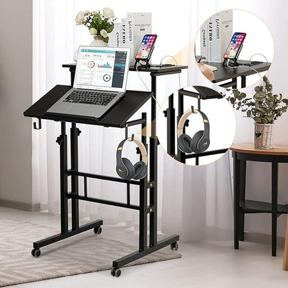 SIDUCAL Mobile Stand Up Desk, Adjustable Laptop Desk with Wheels, Home Office Workstation with USB Ports and Outlets, Rolling Desk Laptop Cart for Standing or Sitting, Black