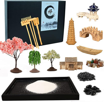 Mini Zen Garden, White Sand, 10" x 7" Rectangular Plastic Tray with Meditation Accessories