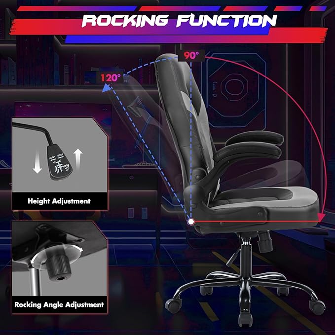 Sweetcrispy Computer Gaming Desk Chair - Ergonomic PU Leather with Comfy Lumbar Support, Height Adjustable Rolling Desk with Flip-up Armrests, for Home and Office