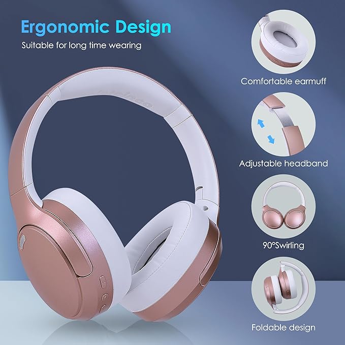 Bluetooth Headphones, Wireless Over Ear Headphones with HiFi Stereo Microphone, Foldable Lightweight On Ear 5.4 Headphones with Deep Bass for Cellphone/Travel/Office/Home(Rosen Gold)