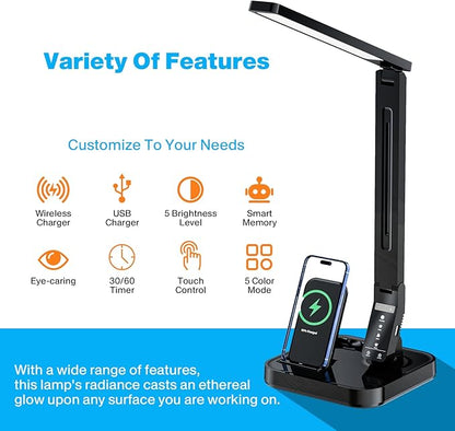 Ambertronix LED Desk Lamp, Patented Vertical Wireless Charger, 14W, 530 Lumens, Table Lamp with USB Charging Port, Dimmable Eye-Caring, 5 Brightness & 4 Light Modes, Touch Control, Auto Timer